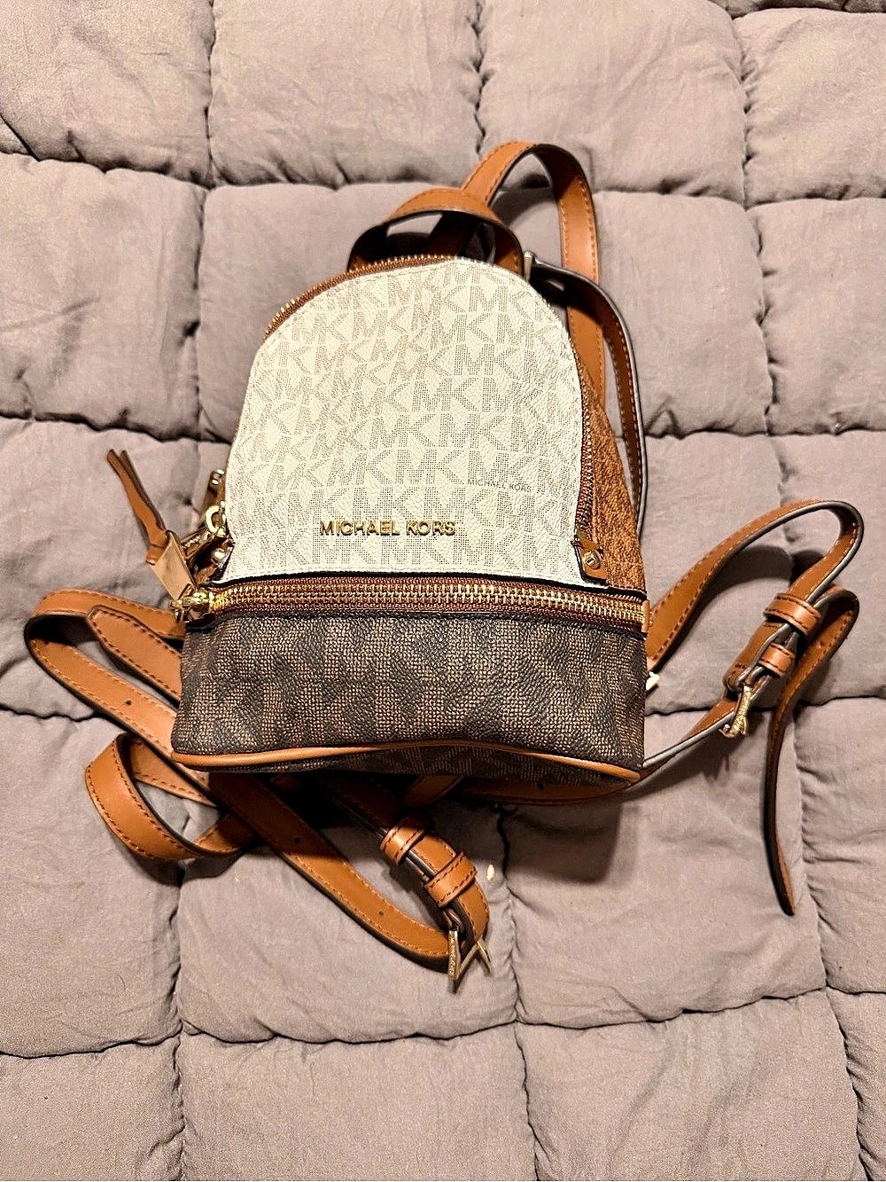 Michael Kors Rhea Medium Color-Block Signature Logo Backpack Brown & White